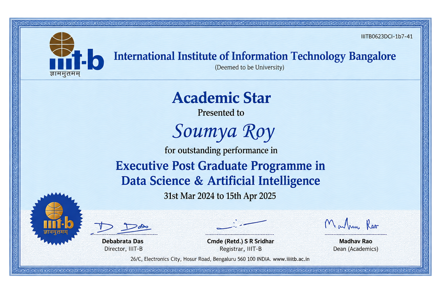 Academic Star Accolade - IIIT Bangalore