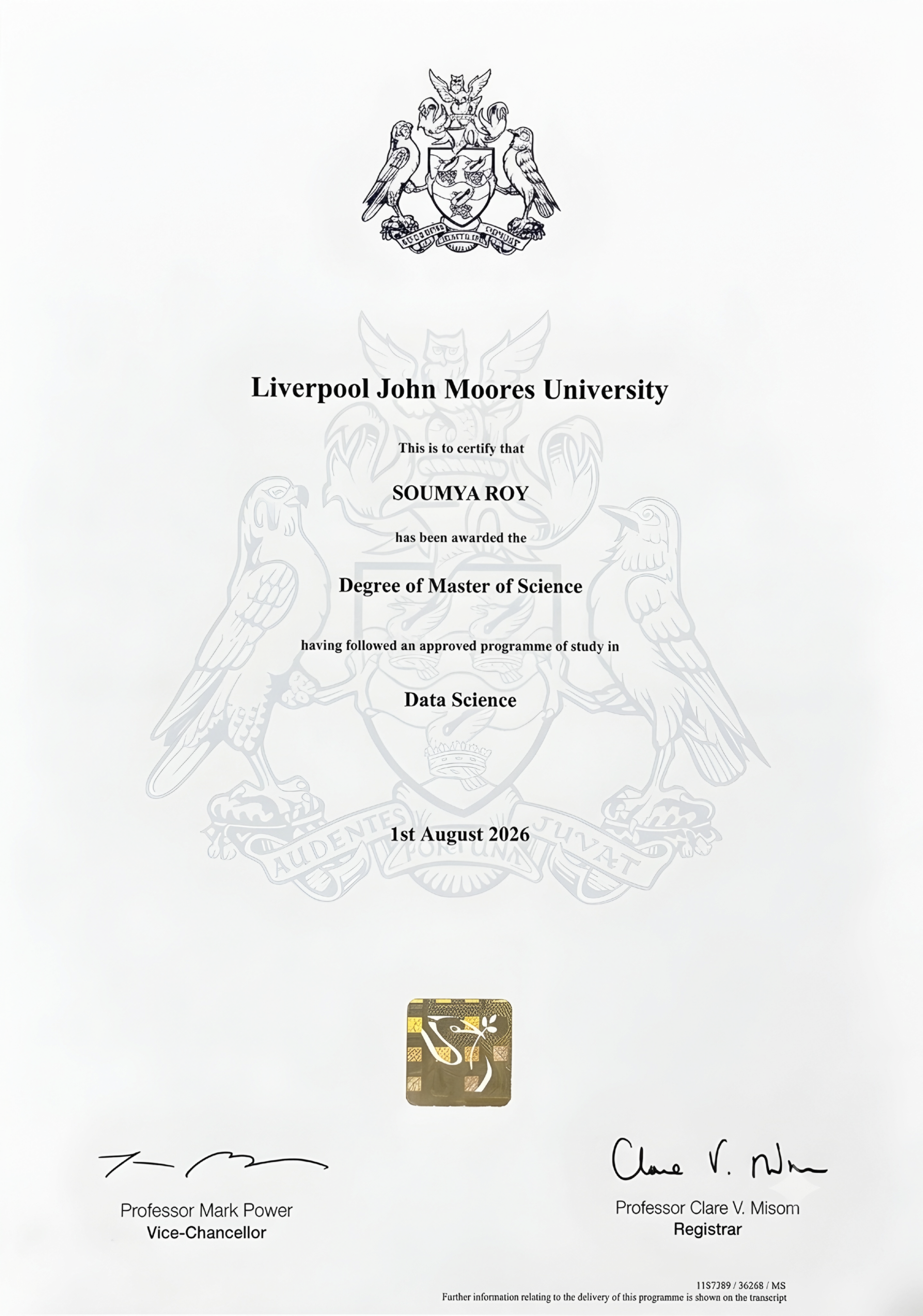 Master of Science Programme Completion Letter
